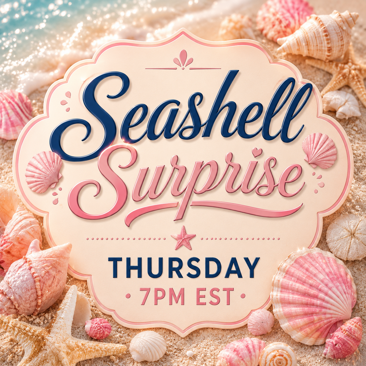 🐚 Seashell Surprise 🐚
Thursday • 7PM EST • 45 Gingersnaps • Shipping Included